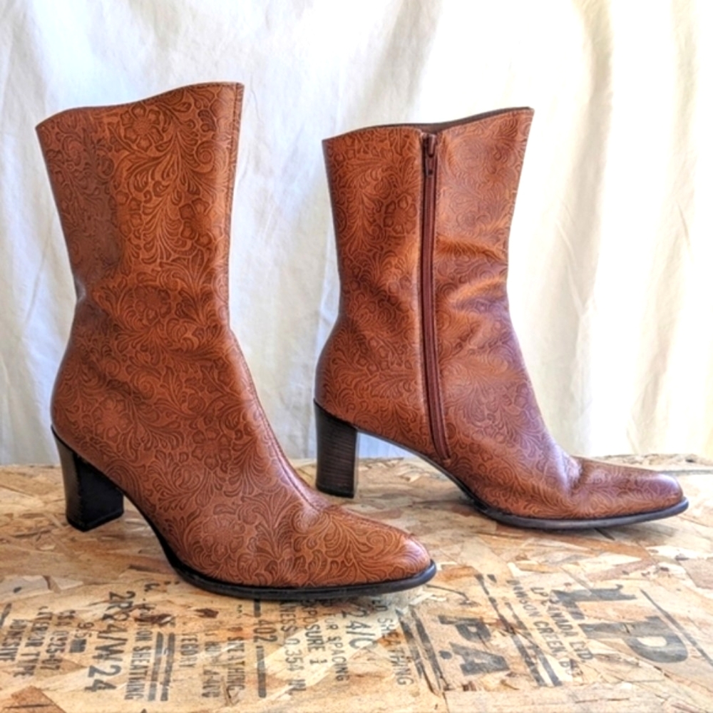 A. Marinelli "Archer" Cognac Floral Embossed Leather Boots, 9.5